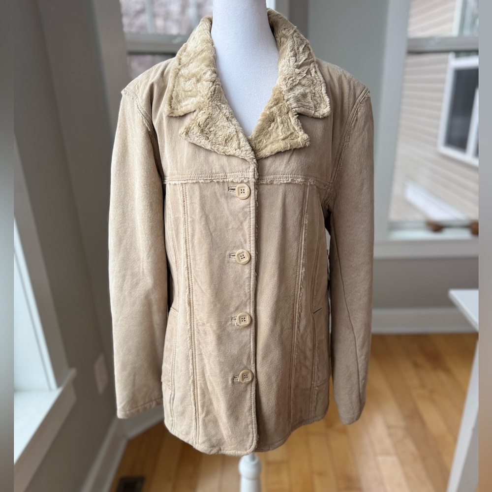 Bailey’s Point Tan Khaki Genuine Suede Faux Fur Collar Jacket Coat Size Large
